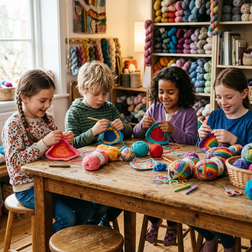 Four children crocheting colorful yarn squares at a wooden table