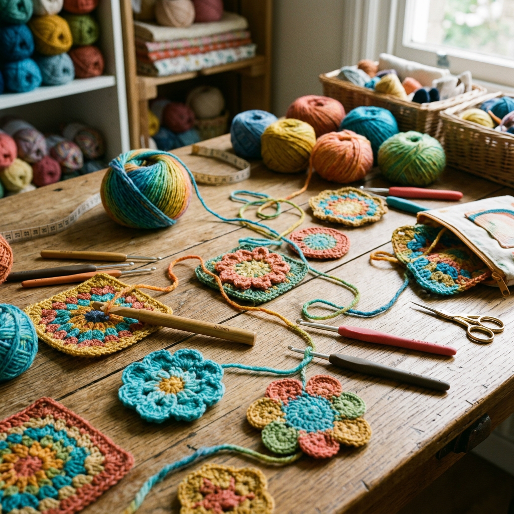Colorful crocheted squares, yarn balls, crochet hooks, and scissors on a wooden table