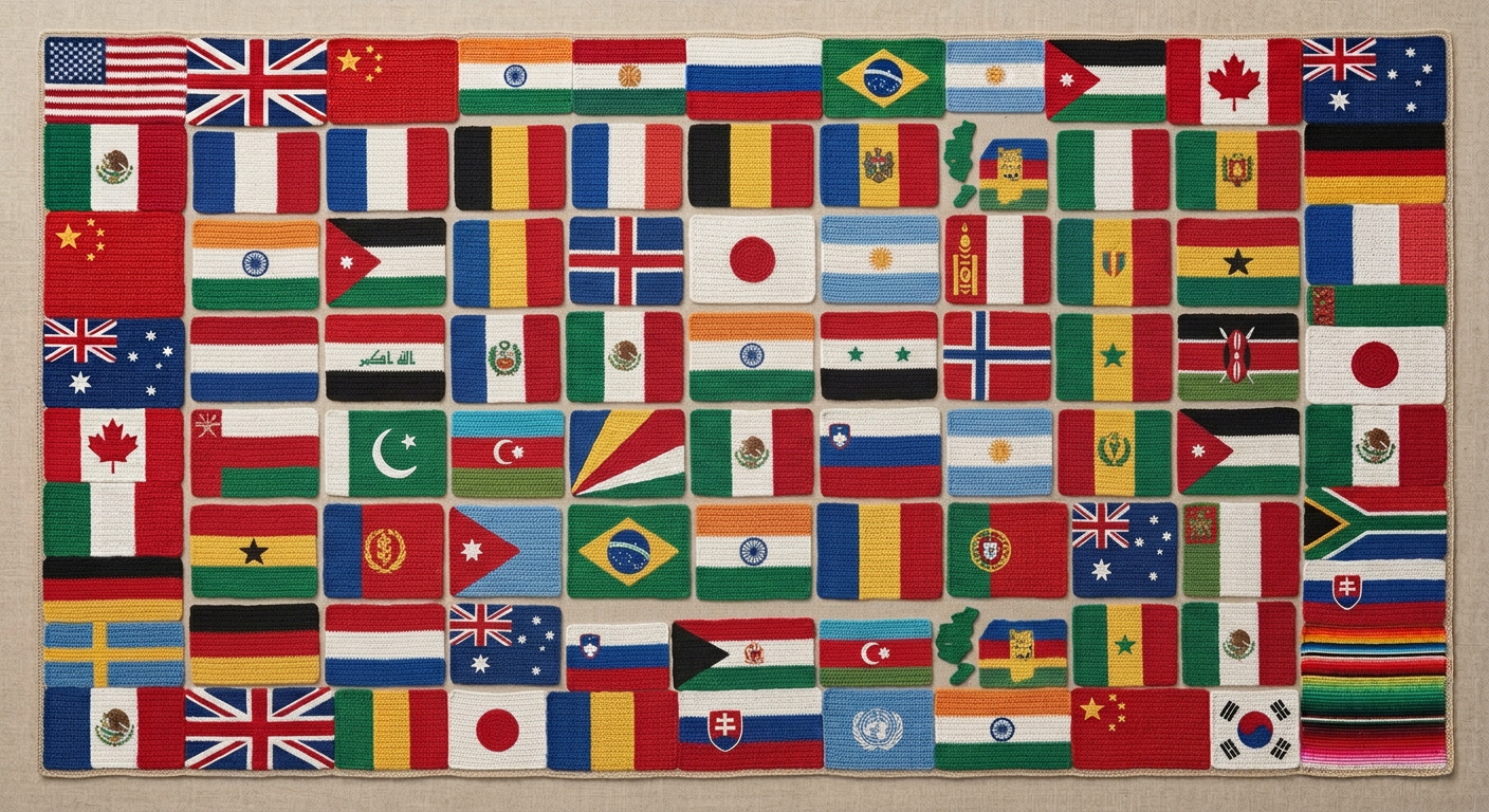 Crocheted world map with continents in different colors, surrounded by crocheted animals, flowers, and geometric designs