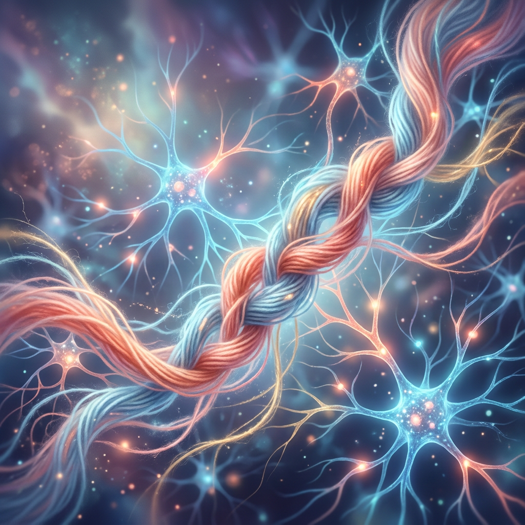 Glowing neurons connected by intertwined blue and coral strands