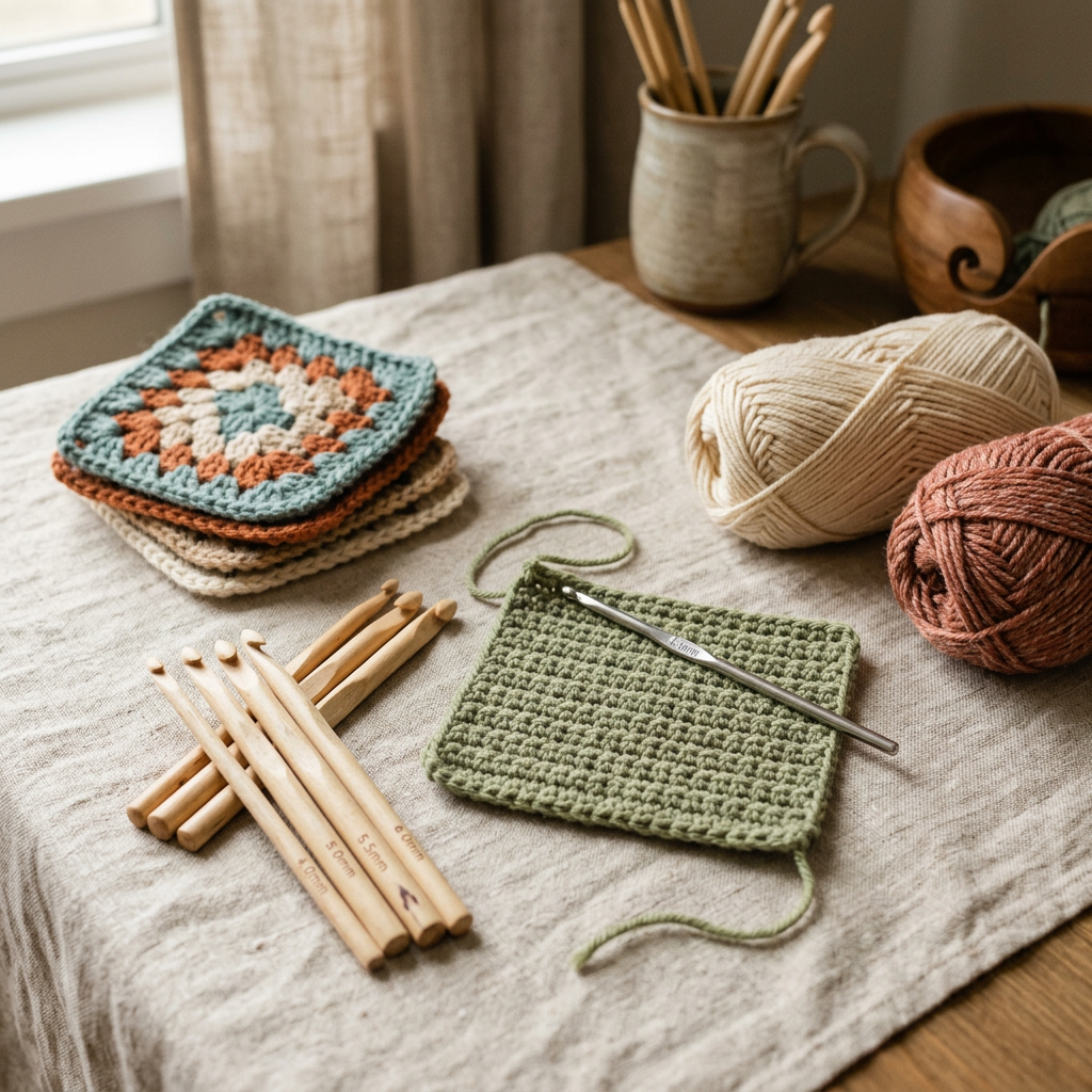 Crochet squares, yarn balls, crochet hook, and wooden knitting needles on a table
